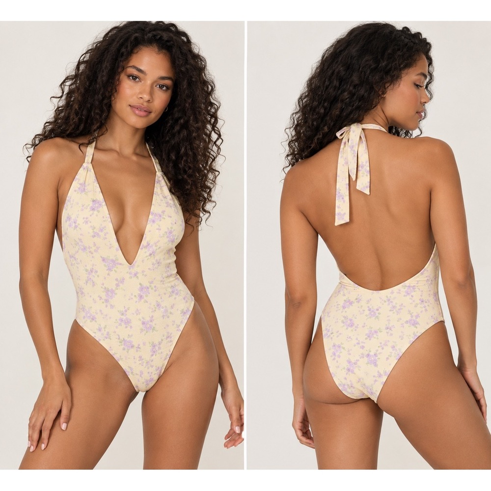 LoveShackFancy Yellow Floral Halter Plunge One Piece Swimsuit Small Coquette